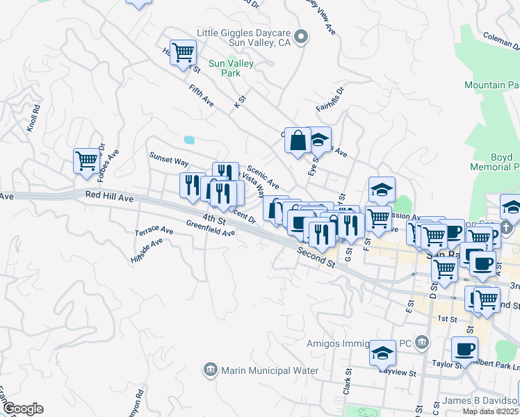 map of restaurants, bars, coffee shops, grocery stores, and more near 90 Bayo Vista Way in San Rafael