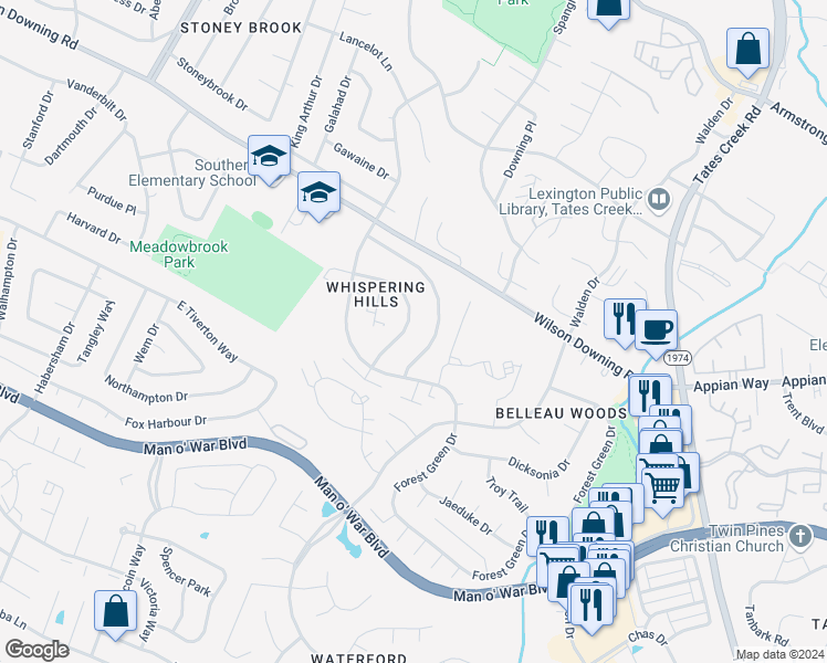map of restaurants, bars, coffee shops, grocery stores, and more near 453 Lenney Drive in Lexington