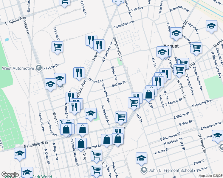 map of restaurants, bars, coffee shops, grocery stores, and more near 2061 Bradford Street in Stockton