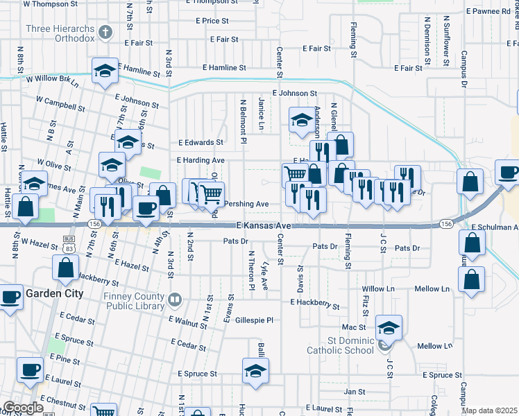 map of restaurants, bars, coffee shops, grocery stores, and more near 1110 Pershing Avenue in Garden City