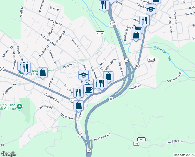 map of restaurants, bars, coffee shops, grocery stores, and more near 104 Summerlee Ave in Oak Hill