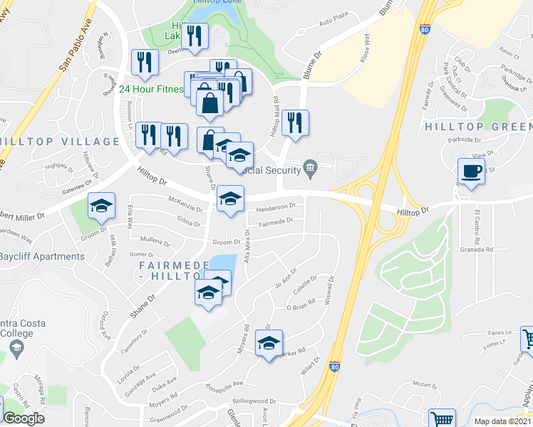 map of restaurants, bars, coffee shops, grocery stores, and more near 3132 Henderson Drive in Richmond