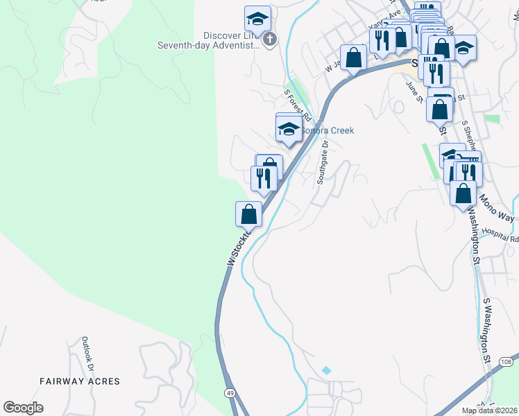 map of restaurants, bars, coffee shops, grocery stores, and more near 686 West Stockton Street in Sonora