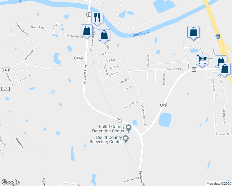 map of restaurants, bars, coffee shops, grocery stores, and more near 250 7th Avenue in Shepherdsville