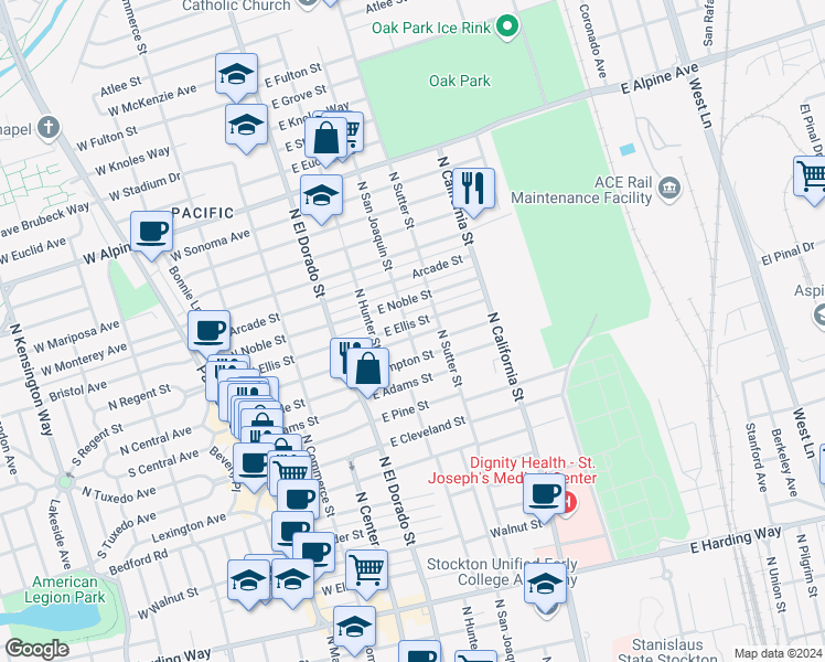 map of restaurants, bars, coffee shops, grocery stores, and more near 302 East Ellis Street in Stockton