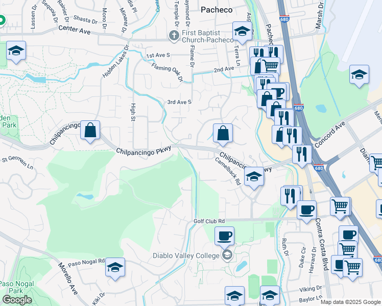 map of restaurants, bars, coffee shops, grocery stores, and more near 307 Country View Lane in Pleasant Hill