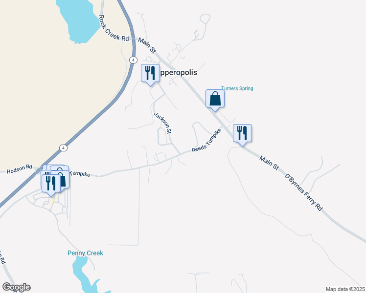 map of restaurants, bars, coffee shops, grocery stores, and more near 1142 Reeds Turnpike in Copperopolis
