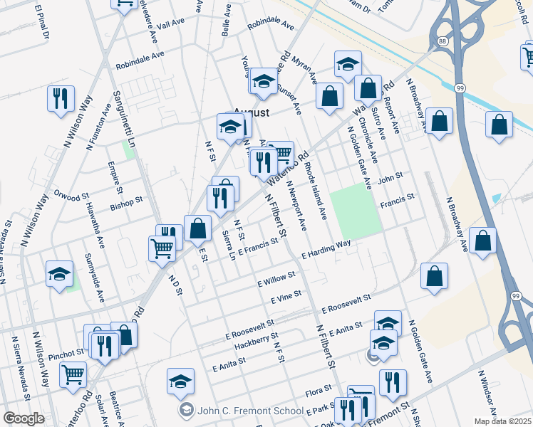 map of restaurants, bars, coffee shops, grocery stores, and more near 2460 John Street in Stockton