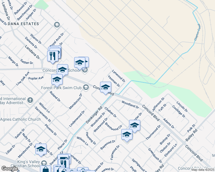 map of restaurants, bars, coffee shops, grocery stores, and more near 4367 Concord Boulevard in Concord