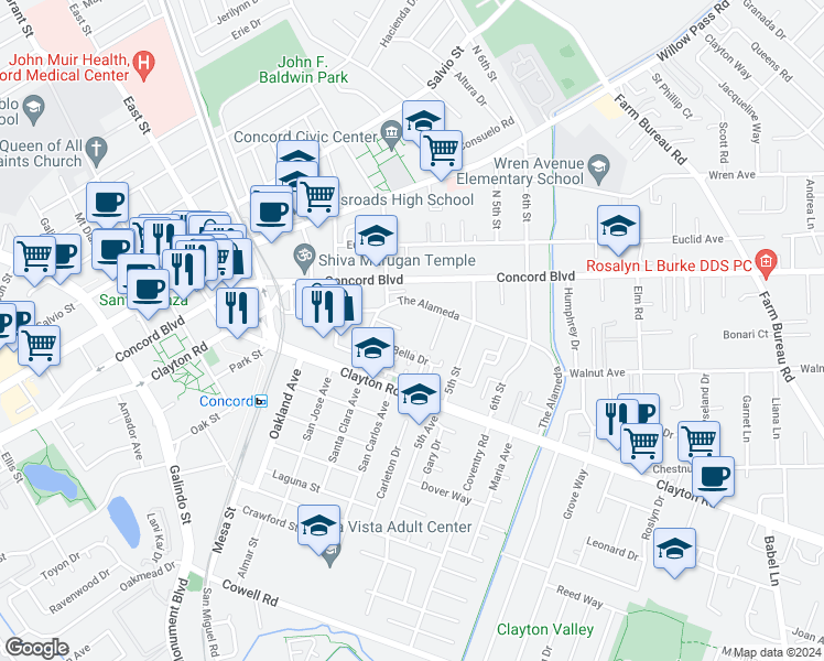 map of restaurants, bars, coffee shops, grocery stores, and more near 2973 Bella Drive in Concord