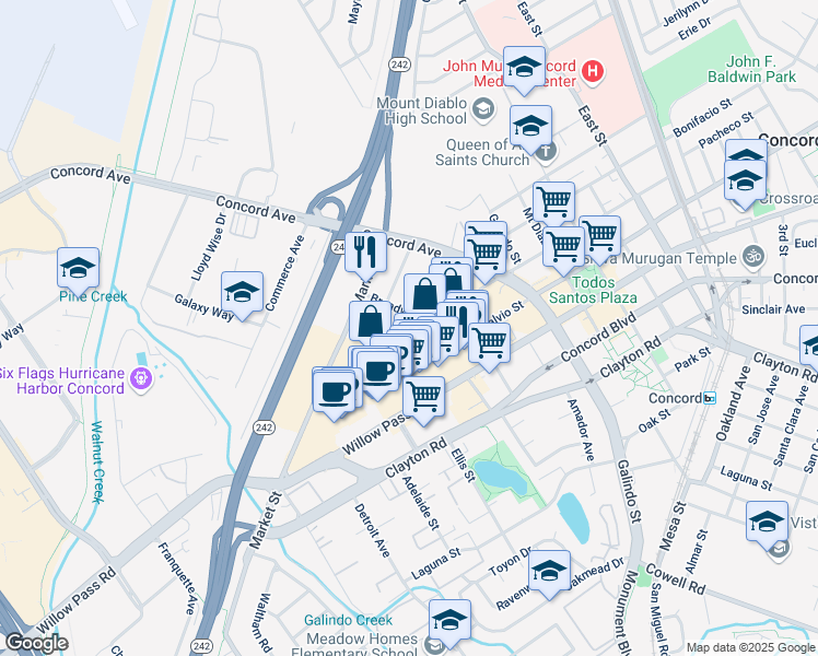 map of restaurants, bars, coffee shops, grocery stores, and more near 1655 Sutter Street in Concord
