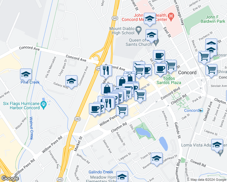 map of restaurants, bars, coffee shops, grocery stores, and more near 1655 Sutter Street in Concord