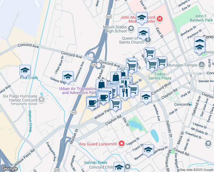 map of restaurants, bars, coffee shops, grocery stores, and more near 1655 Sutter Street in Concord