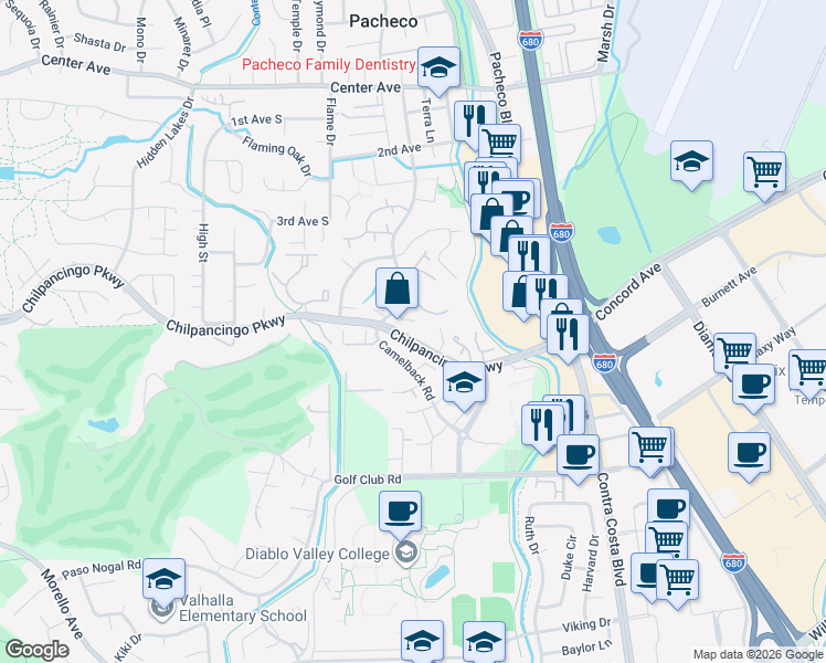 map of restaurants, bars, coffee shops, grocery stores, and more near 325 Camelback Road in Pleasant Hill