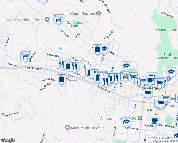 map of restaurants, bars, coffee shops, grocery stores, and more near 90 Bayo Vista Way in San Rafael