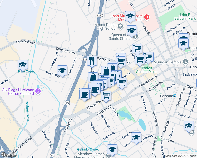 map of restaurants, bars, coffee shops, grocery stores, and more near 1655 Sutter Street in Concord