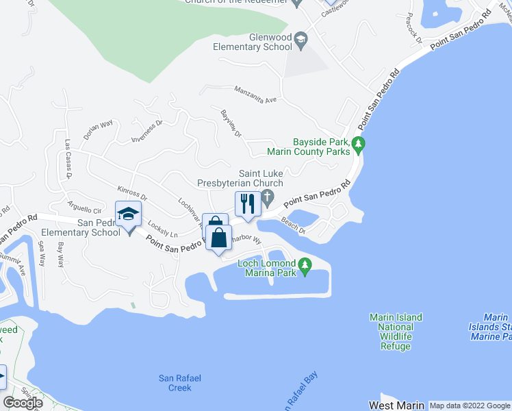 map of restaurants, bars, coffee shops, grocery stores, and more near Bayview Dr & Bonnie Banks Way in San Rafael