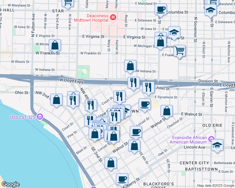 map of restaurants, bars, coffee shops, grocery stores, and more near 704 Court Street in Evansville