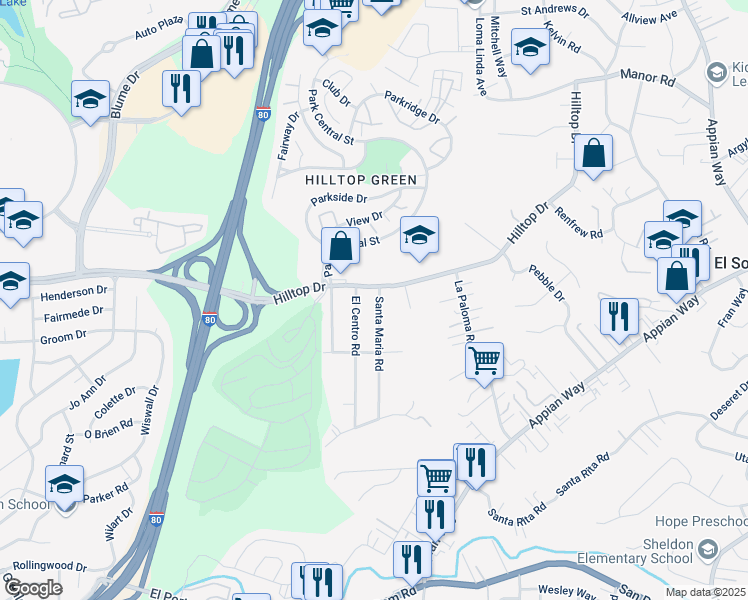 map of restaurants, bars, coffee shops, grocery stores, and more near 781 Santa Maria Road in El Sobrante