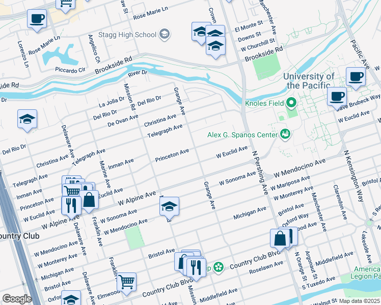 map of restaurants, bars, coffee shops, grocery stores, and more near 1718 Princeton Avenue in Stockton