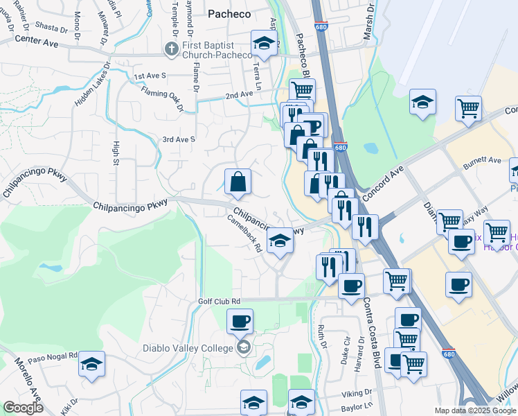 map of restaurants, bars, coffee shops, grocery stores, and more near 260 Chilpancingo Parkway in Pleasant Hill