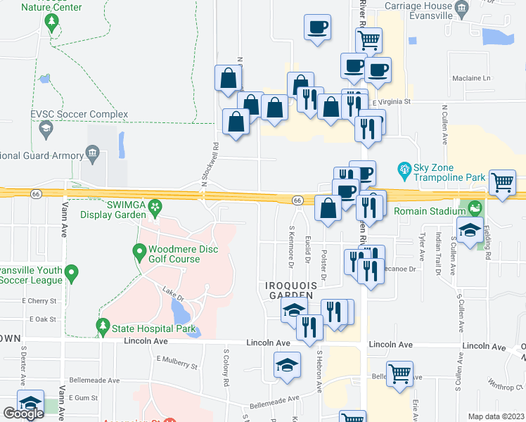 map of restaurants, bars, coffee shops, grocery stores, and more near 22 South Congress Avenue in Evansville