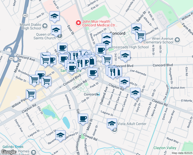 map of restaurants, bars, coffee shops, grocery stores, and more near 2300 Clayton Road in Concord