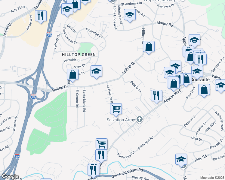 map of restaurants, bars, coffee shops, grocery stores, and more near 690 La Paloma Road in El Sobrante