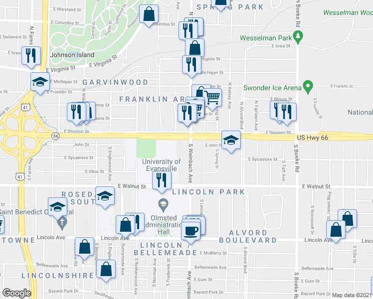 map of restaurants, bars, coffee shops, grocery stores, and more near 105 South Weinbach Avenue in Evansville