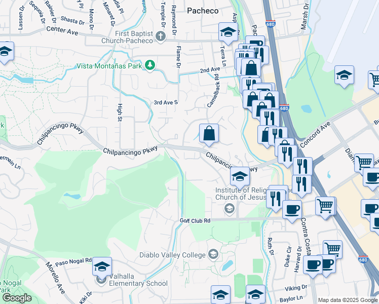 map of restaurants, bars, coffee shops, grocery stores, and more near 28 Camelback Court in Pleasant Hill