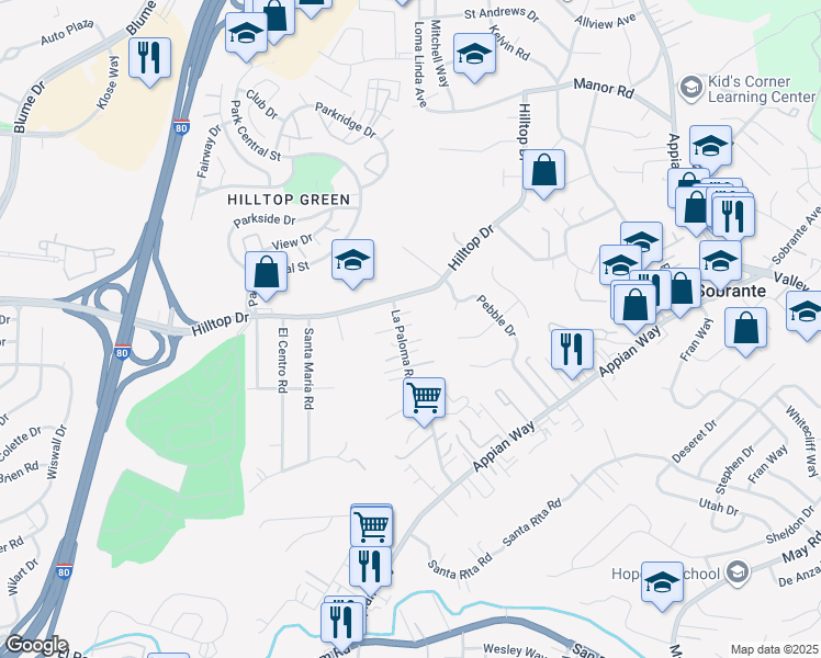 map of restaurants, bars, coffee shops, grocery stores, and more near 742 La Paloma Road in El Sobrante