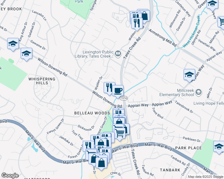 map of restaurants, bars, coffee shops, grocery stores, and more near 3860 Sugar Creek Drive in Lexington