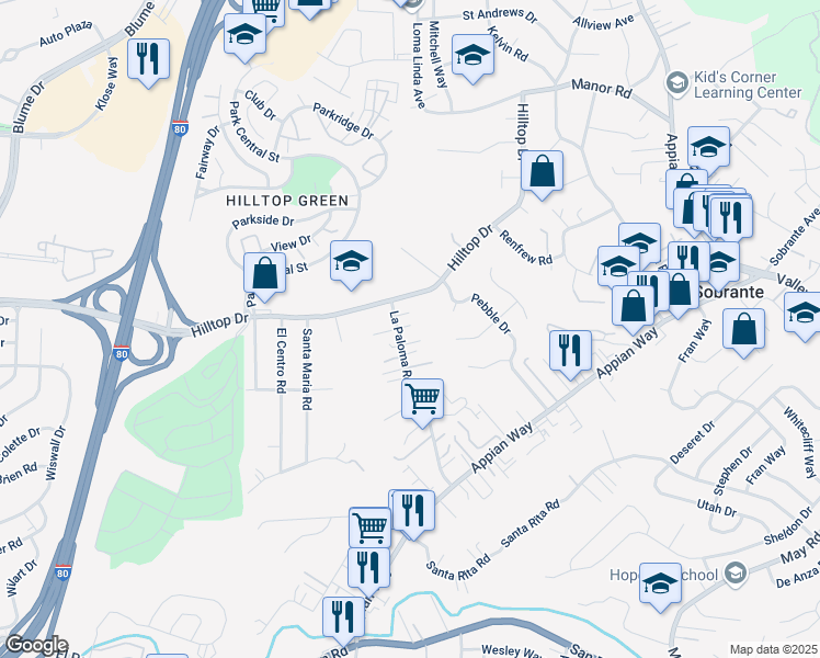 map of restaurants, bars, coffee shops, grocery stores, and more near 742 La Paloma Road in El Sobrante