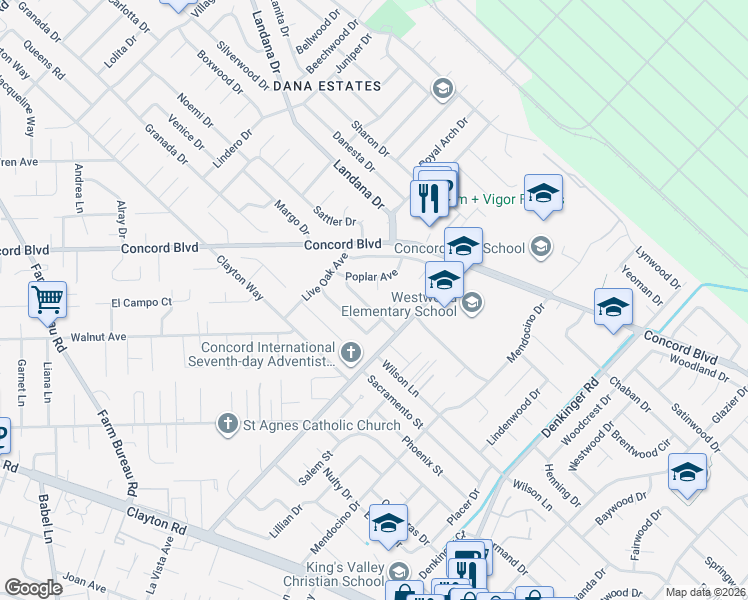 map of restaurants, bars, coffee shops, grocery stores, and more near in Concord