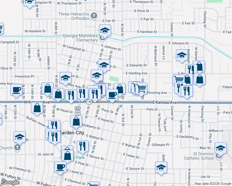map of restaurants, bars, coffee shops, grocery stores, and more near 1107 N 3rd St in Garden City