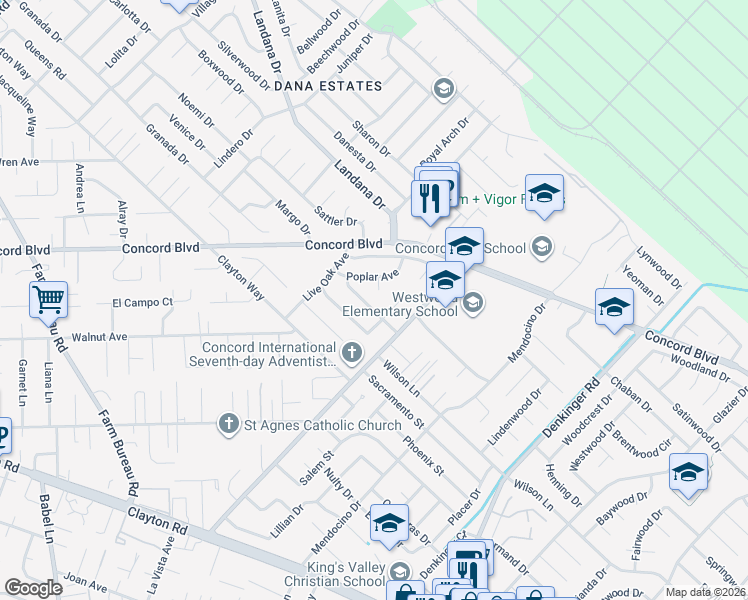 map of restaurants, bars, coffee shops, grocery stores, and more near in Concord