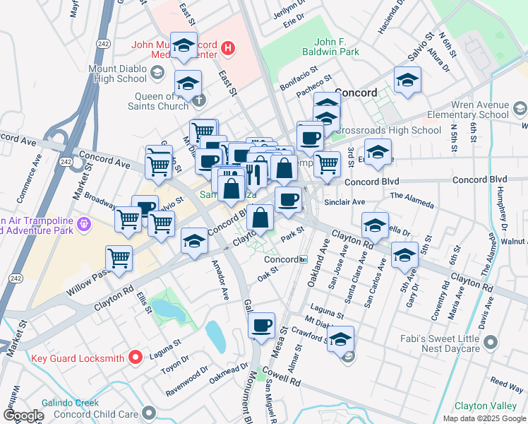 map of restaurants, bars, coffee shops, grocery stores, and more near 1680 Grant Street in Concord