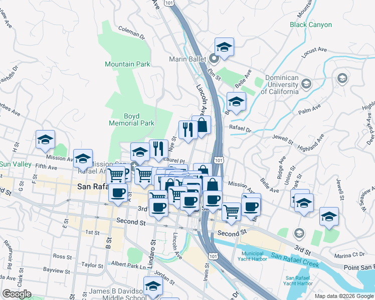 map of restaurants, bars, coffee shops, grocery stores, and more near 1310 Lincoln Avenue in San Rafael