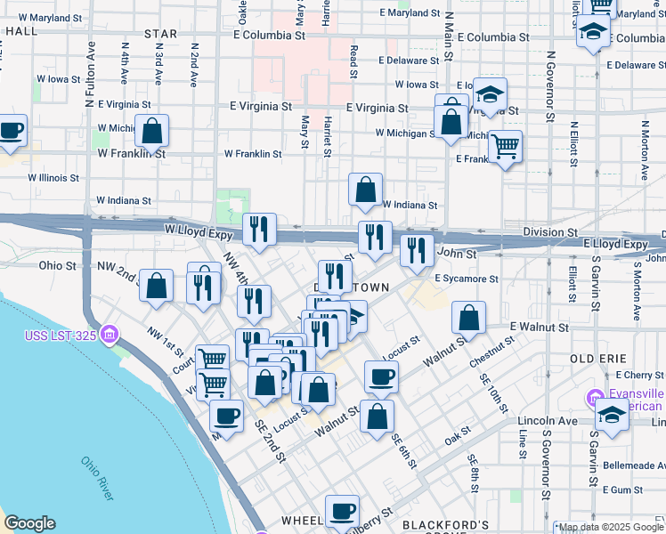 map of restaurants, bars, coffee shops, grocery stores, and more near 200 222 Northwest Martin Luther King Junior Boulevard in Evansville