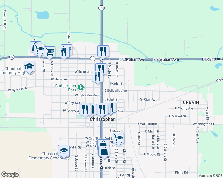 map of restaurants, bars, coffee shops, grocery stores, and more near 200-298 East Belleville Avenue in Christopher