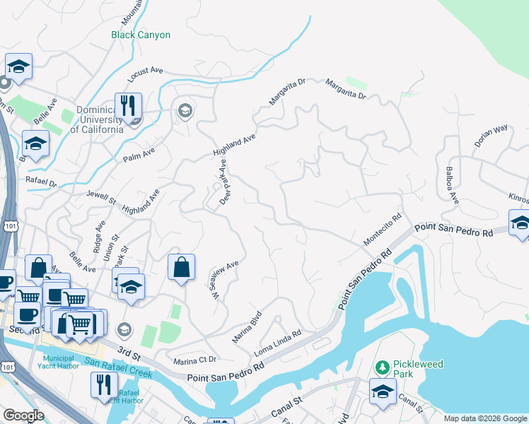 map of restaurants, bars, coffee shops, grocery stores, and more near 307 Summit Avenue in San Rafael