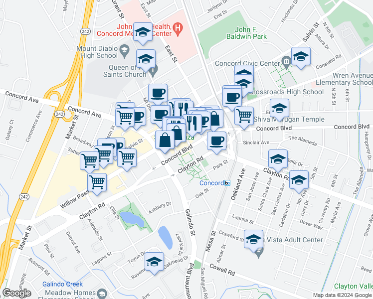 map of restaurants, bars, coffee shops, grocery stores, and more near 2141 Concord Boulevard in Concord
