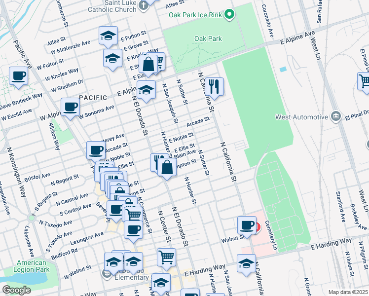 map of restaurants, bars, coffee shops, grocery stores, and more near 2598 North San Joaquin Street in Stockton