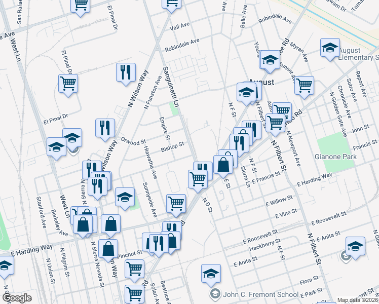 map of restaurants, bars, coffee shops, grocery stores, and more near 1815 Sanguinetti Lane in Stockton