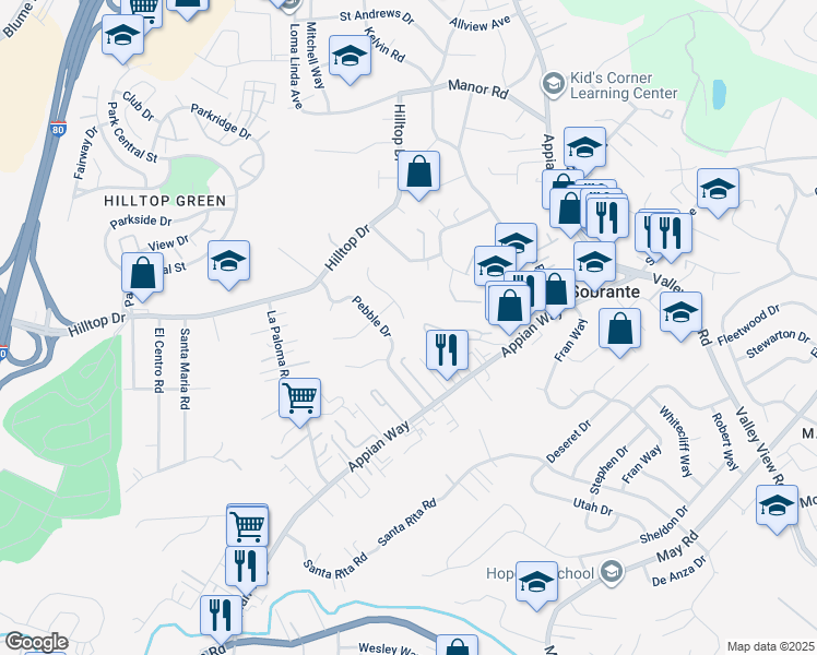 map of restaurants, bars, coffee shops, grocery stores, and more near 462 Corte Arango in El Sobrante