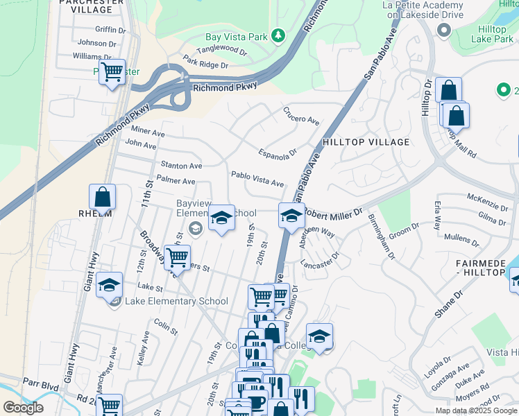 map of restaurants, bars, coffee shops, grocery stores, and more near 1911 Miner Avenue in San Pablo