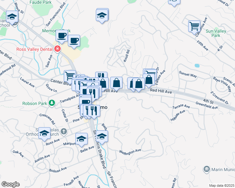 map of restaurants, bars, coffee shops, grocery stores, and more near 81 West Hillside Avenue in San Anselmo