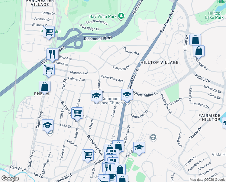 map of restaurants, bars, coffee shops, grocery stores, and more near 1911 Miner Avenue in San Pablo