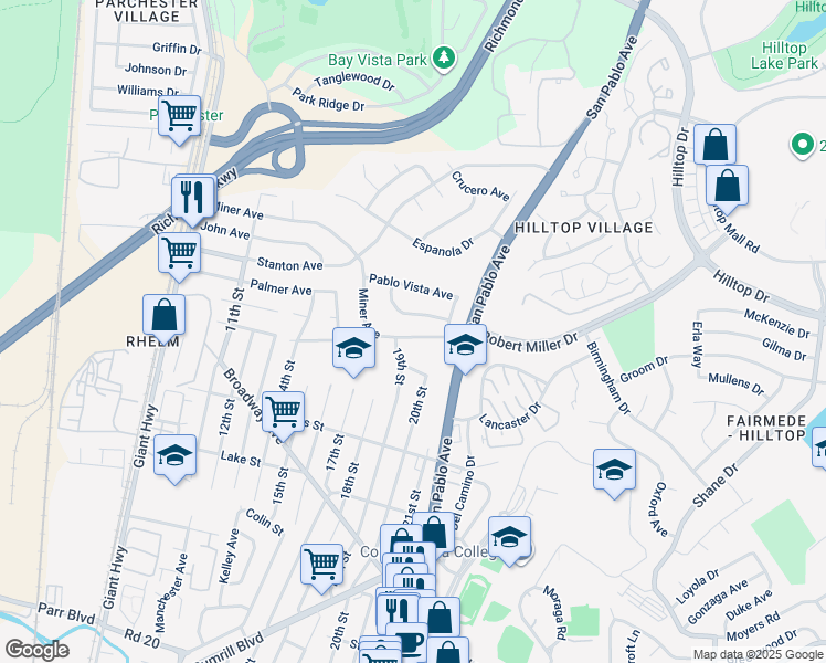 map of restaurants, bars, coffee shops, grocery stores, and more near 1911 Miner Avenue in San Pablo