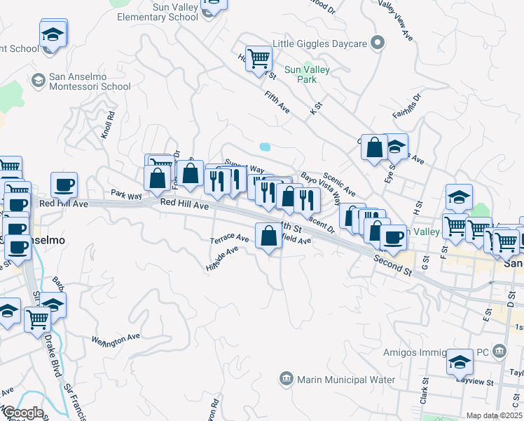map of restaurants, bars, coffee shops, grocery stores, and more near 128 Greenfield Avenue in San Rafael